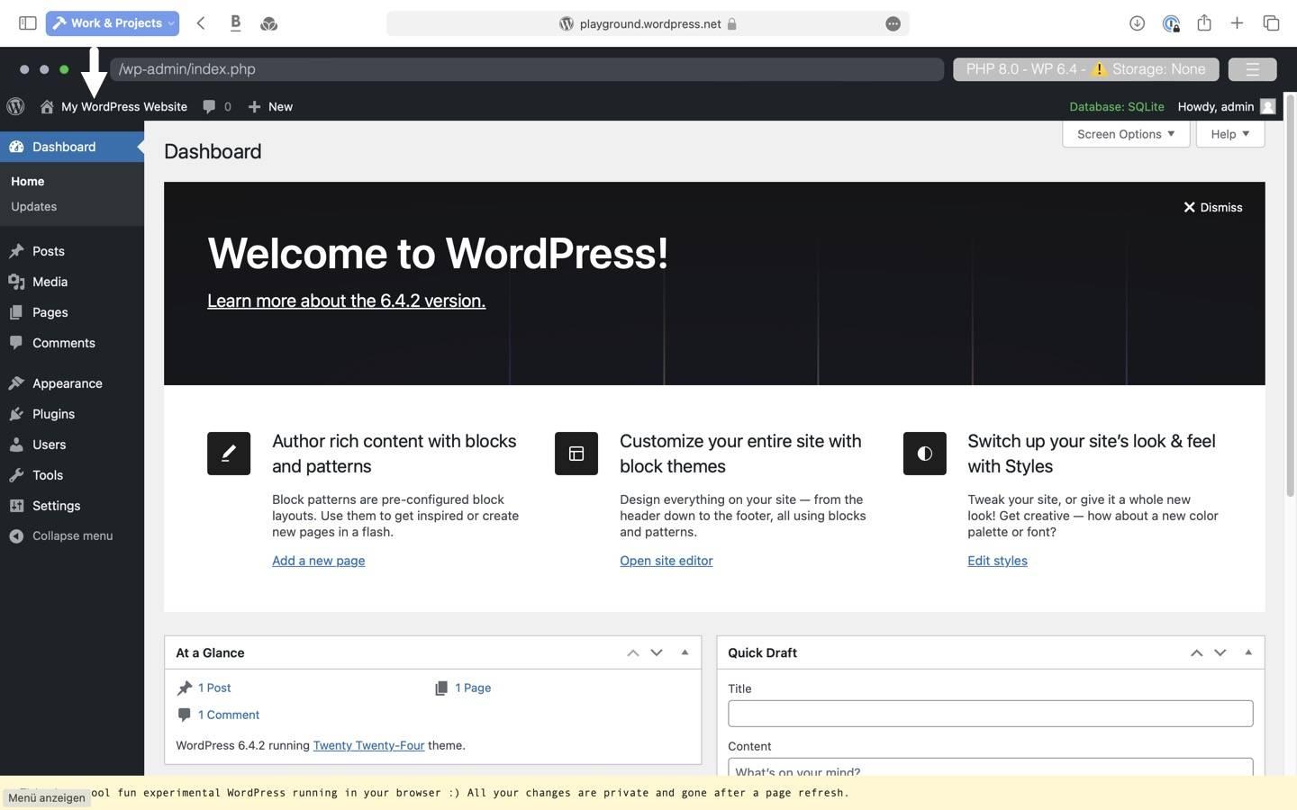 Navigating the User Interface of WordPress Playground